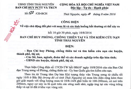 Công điện về việc chủ động đối phó với mưa lũ và các tình huống bất thường