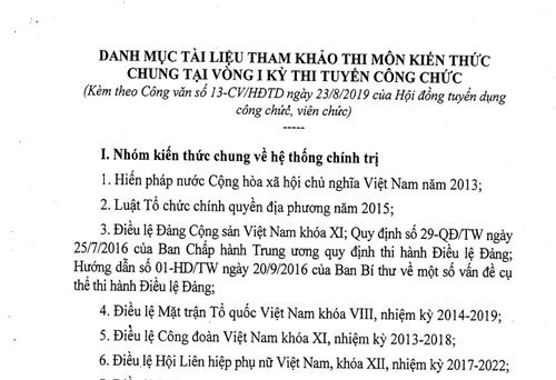 Danh mục tài liệu tham khảo thi môn Kiến thức chung đối với thi tuyển công chức và viên chức tỉnh Thái Nguyên năm 2019