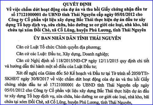Chấm dứt hoạt động và thu hồi Giấy chứng nhận đầu tư Dự án đầu tư xây dựng Tổ hợp dịch vụ, sửa chữa, bảo dưỡng xe cơ giới các loại, nhà kho, bãi chứa tại xóm Đồi Chè, xã cổ Lũng, huyện Phú Lương