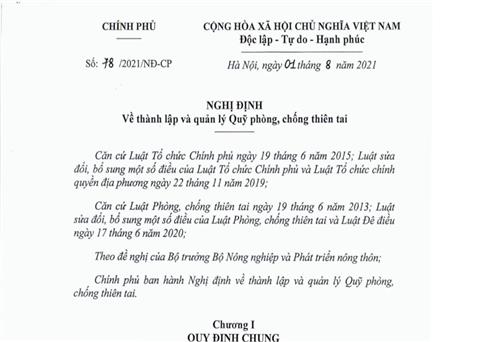 Nghị định số 78/2021/NĐ-CP: Quy định về thành lập và quản lý, sử dụng Quỹ phòng, chống thiên tai