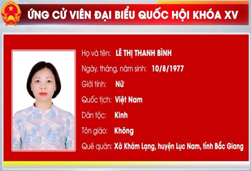 Ứng cử viên Lê Thị Thanh Bình, Trưởng khoa Gây mê hồi sức Bệnh viện C Thái Nguyên 