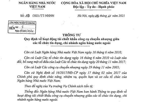 Quy định mới về tái chiết khấu công cụ chuyển nhượng giữa các tổ chức tín dụng