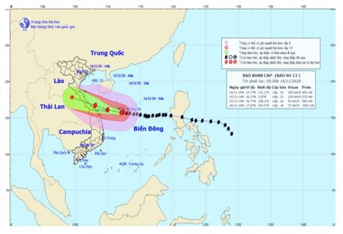 Bão số 13 có sức gió mạnh cấp 13-14, giật cấp 17, di chuyển theo hướng Tây Tây Bắc