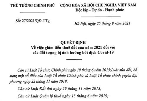 Giảm 30% tiền thuê đất năm 2021 cho các đối tượng bị ảnh hưởng bởi dịch COVID-19