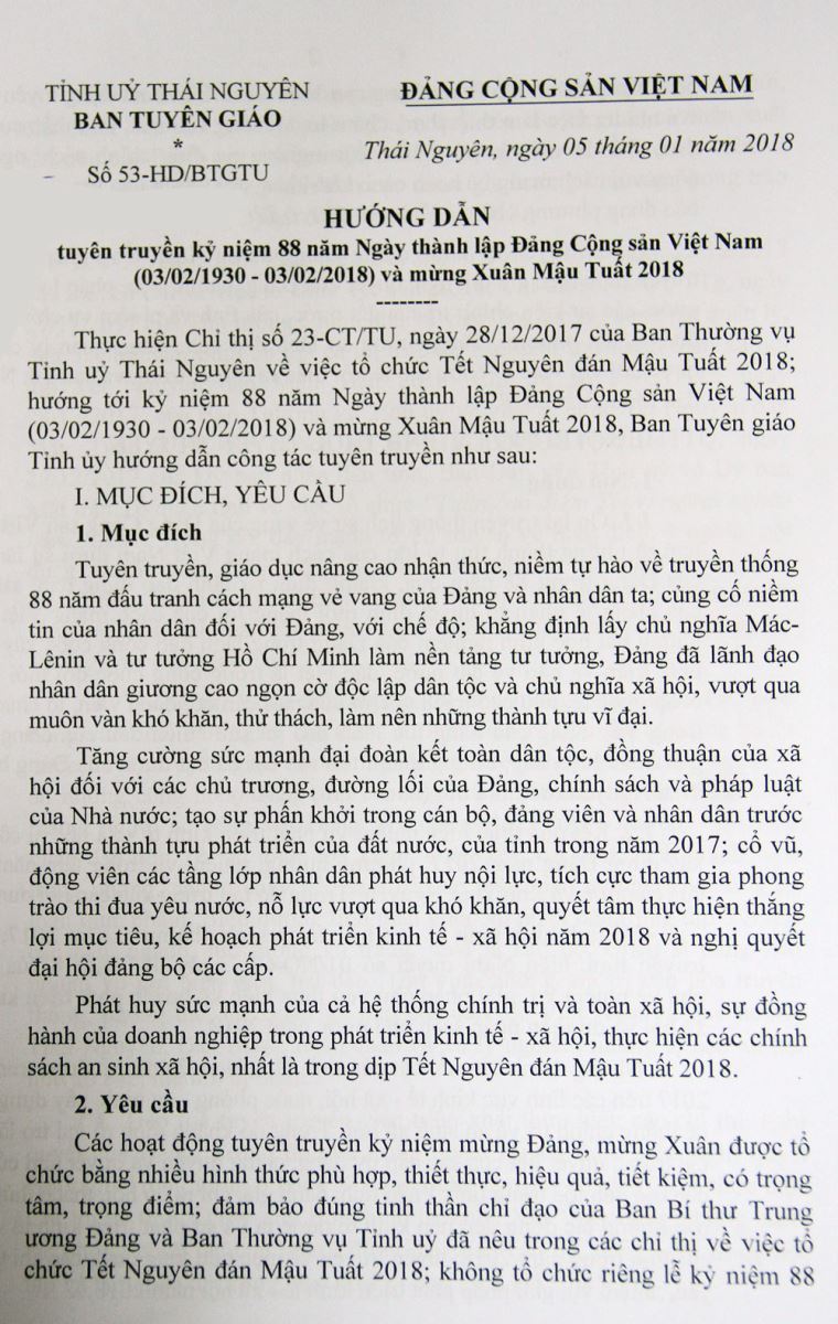 Hướng dẫn tuyên truyền kỷ niệm 88 năm Ngày thành lập Đảng Cộng sản Việt Nam (03/02/1930 - 03/02/2018) và mừng Xuân Mậu Tuất 2018