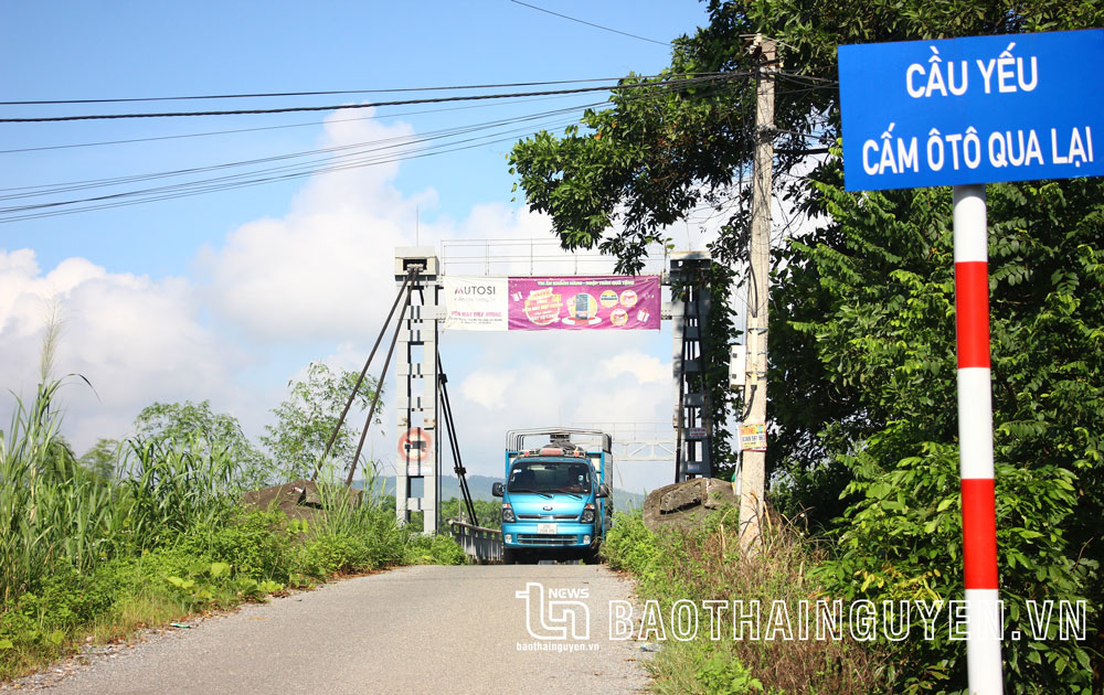  Cơ quan chức năng đã cắm biển “cầu yếu cấm ô tô qua lại” 2 bên đầu cầu treo Làng Giang, xã Phấn Mễ (Phú Lương), nhưng nhiều xe ô tô tải vẫn cố tình đi qua.