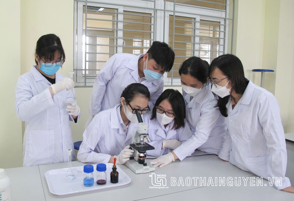  Từ năm 2013, Trường THPT Chuyên Thái Nguyên đã thực hiện thí điểm dạy tiếng Anh đối với các môn khoa học tự nhiên và thu được kết quả rất tốt. Trong ảnh: Giờ thực hành môn Sinh học.