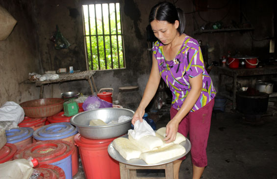  Chị Đàm Thị Tuyên, vợ anh Vũ Trọng Hiệp, ở xóm An Long, xã Bình Long (Võ Nhai) đang xếp đậu đi bán ở chợ xã.