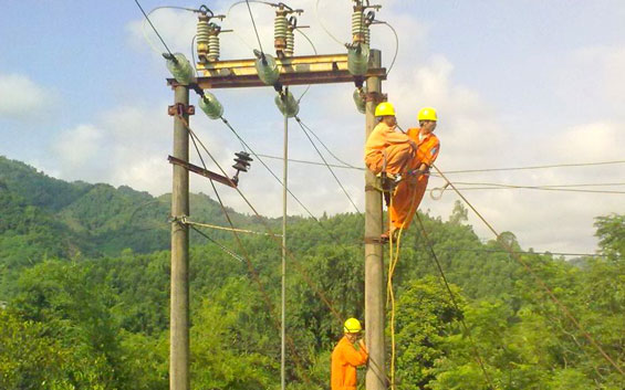  Cán bộ Điện lực huyện Phú Lương sửa chữa đường điện tại xã Vô Tranh, bảo đảm cấp điện ổn định cho nhân dân.