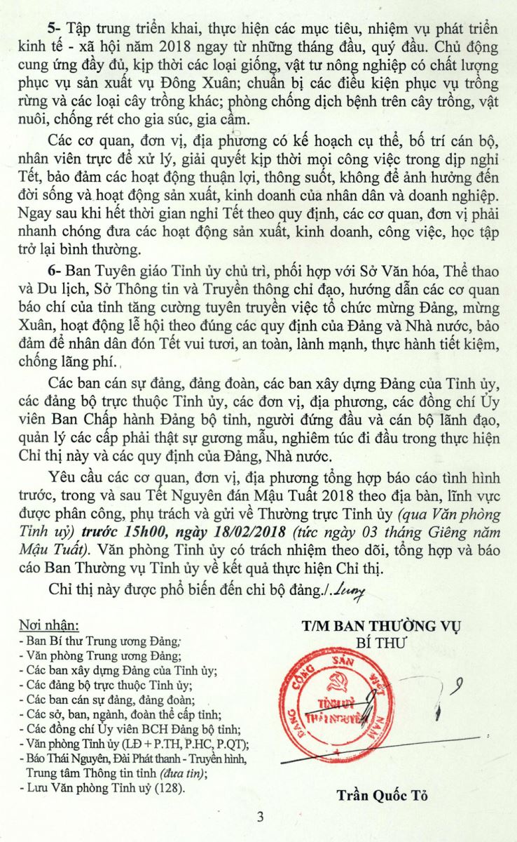 Chỉ thị về việc tổ chức Tết Nguyên đán Mậu Tuất 2018.