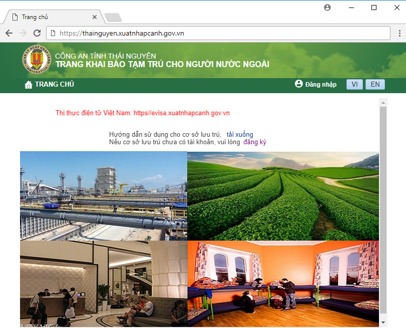 Giao diện trang khai báo tạm trú cho người nước ngoài tại Thái Nguyên.