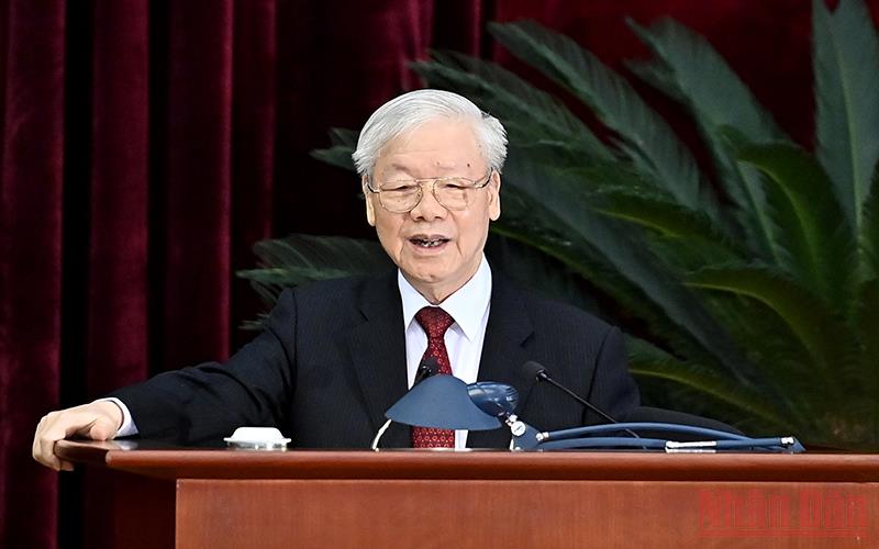  Tổng Bí thư Nguyễn Phú Trọng phát biểu bế mạc Hội nghị. Ảnh: Báo Nhân Dân