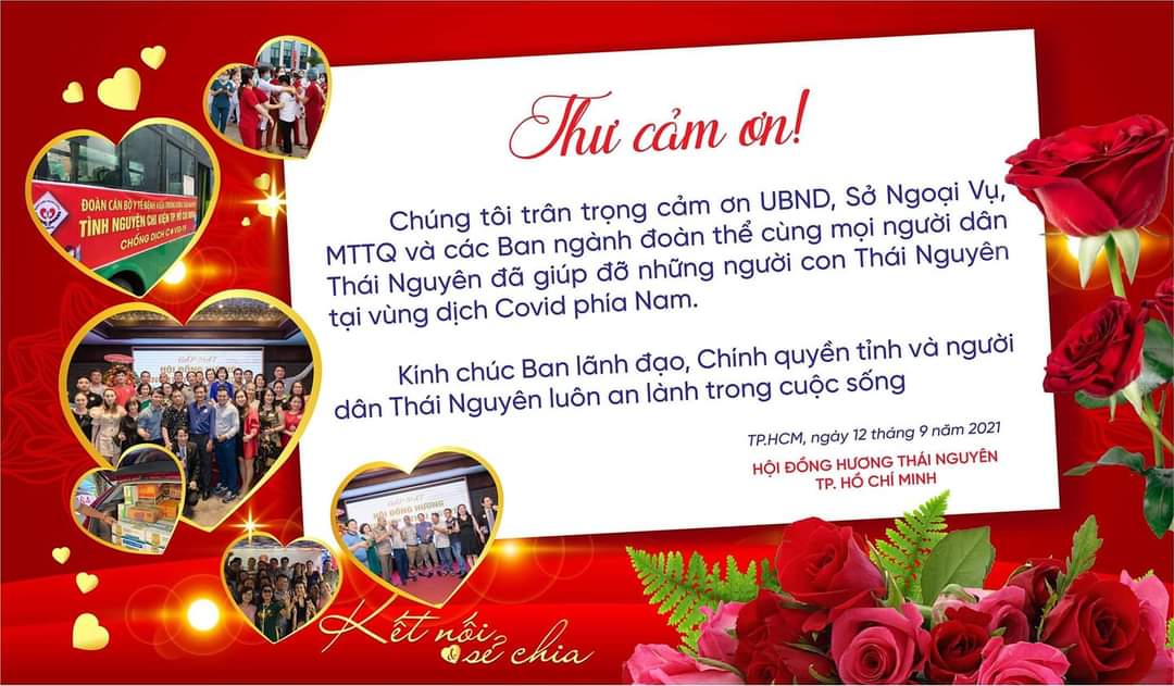  Thư cảm ơn của nhóm Facebook Hội đồng hương Thái Nguyên – T.P Hồ Chí Minh.