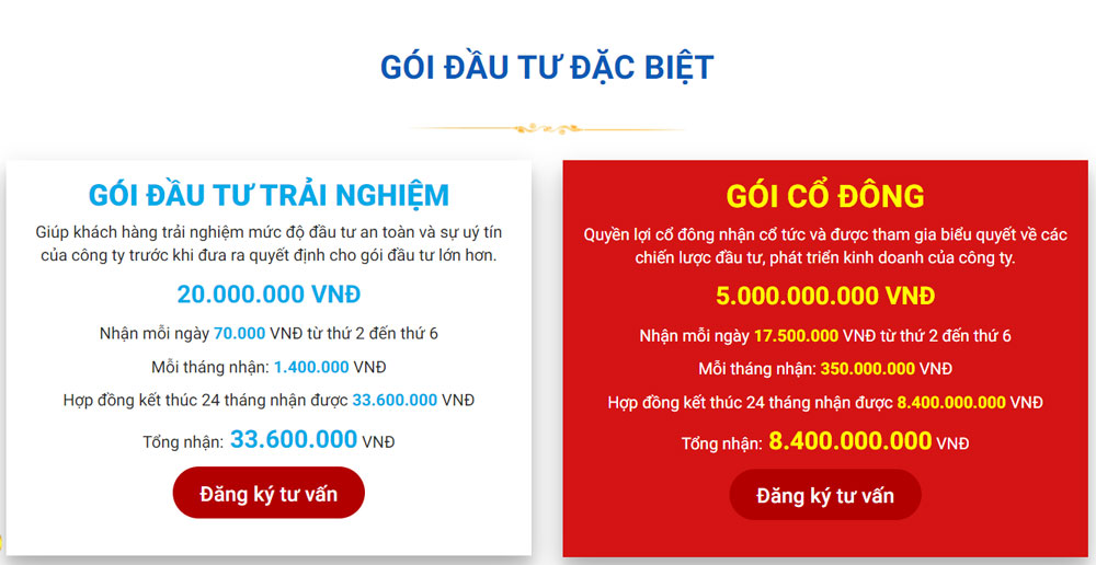 Cam kết lợi nhuận “khủng” và các gói đầu tư hấp dẫn được Công ty Nhật Nam đăng tải trên website chính thức của Công ty.