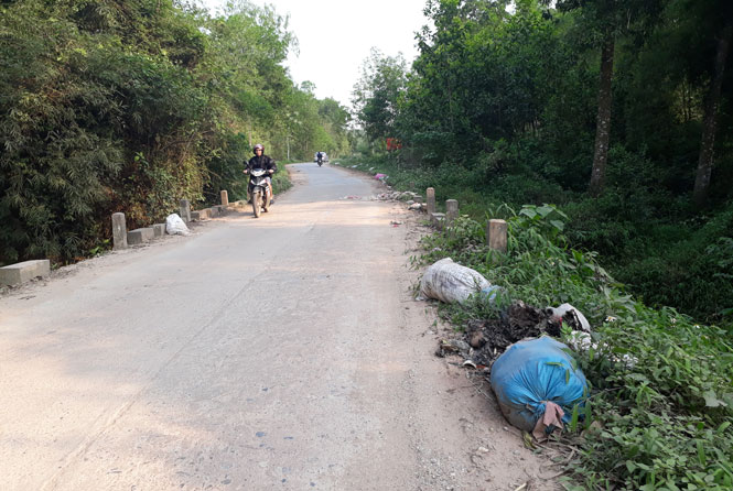  Người dân vứt rác thải tràn lan dọc đường trục chính của xã Bình Sơn gây mất vệ sinh môi trường.