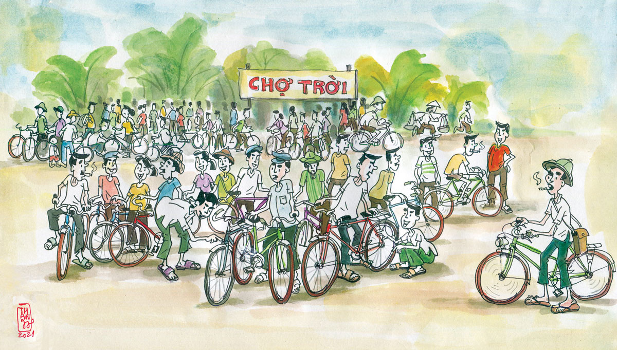  Chợ trời thời bao cấp (tranh của Thanh Hạnh).