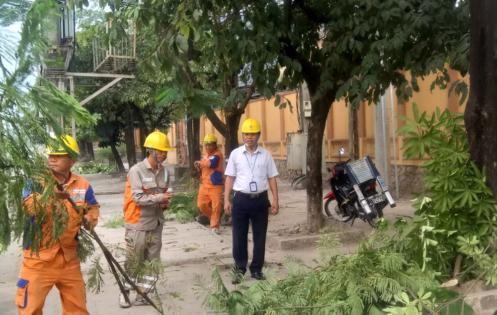  Nhân viên Điện lực Sông Công phối hợp với một số đơn vị liên quan chặt, tỉa cành cây trên các tuyến đường trục chính của thành phố.  