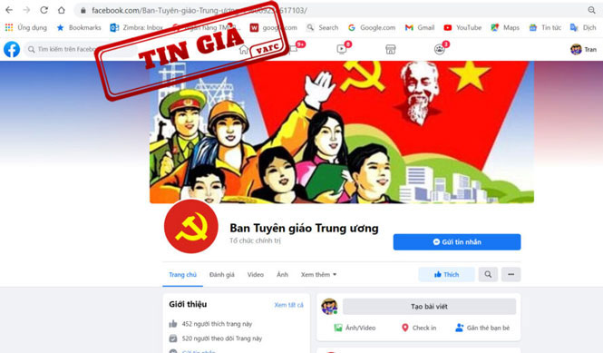   Fanpage giả mạo Ban Tuyên giáo Trung ương. Nguồn: Trung tâm Xử lý tin giả Việt Nam