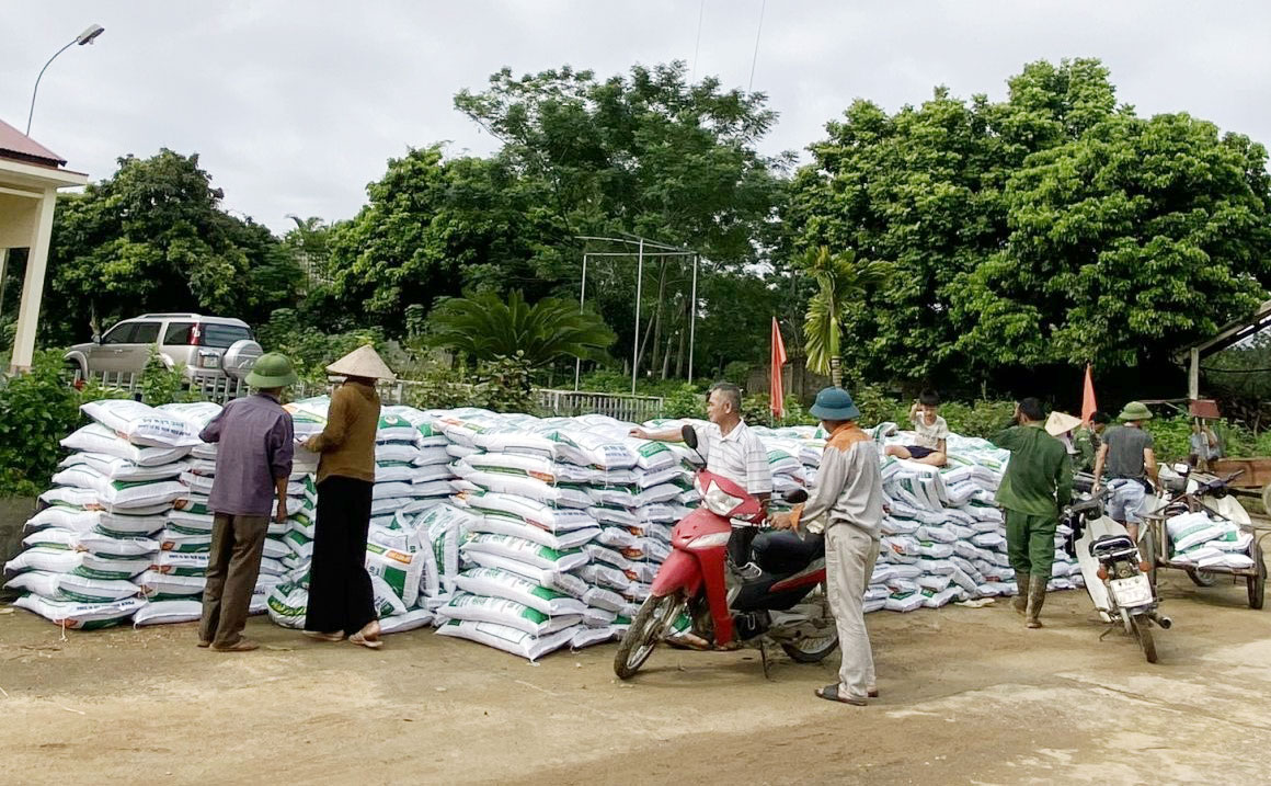  Cấp phân bón cho các hộ dân tham gia mô hình trồng chè theo hướng hữu cơ tại xóm Thác Dài, xã Tức Tranh.