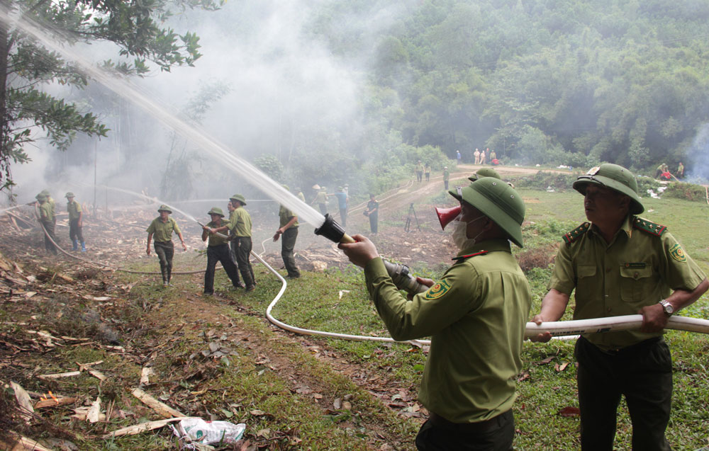  Diễn tập thực hành xử trí tình huống cháy rừng ở xóm Cầu Đã, xã Tân Lợi.