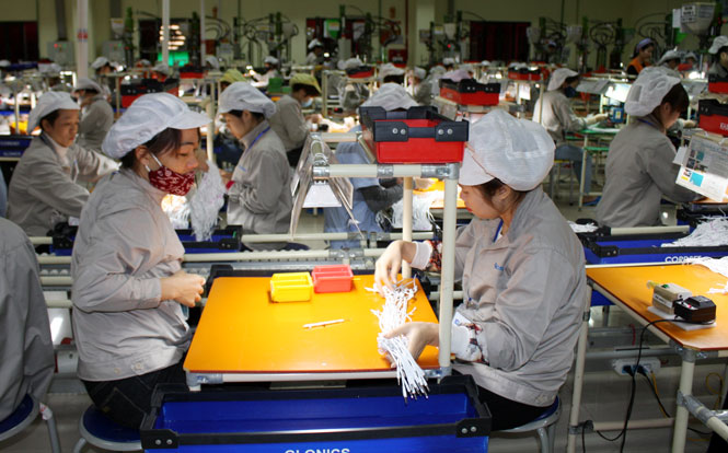  Nhiều năm nay Công ty TNHH Glonics Việt Nam luôn tin tưởng vào môi trường đầu tư, kinh doanh tại địa bàn T.P Thái Nguyên. Trong ảnh: Sản xuất linh kiện điện thoại tại Công ty.