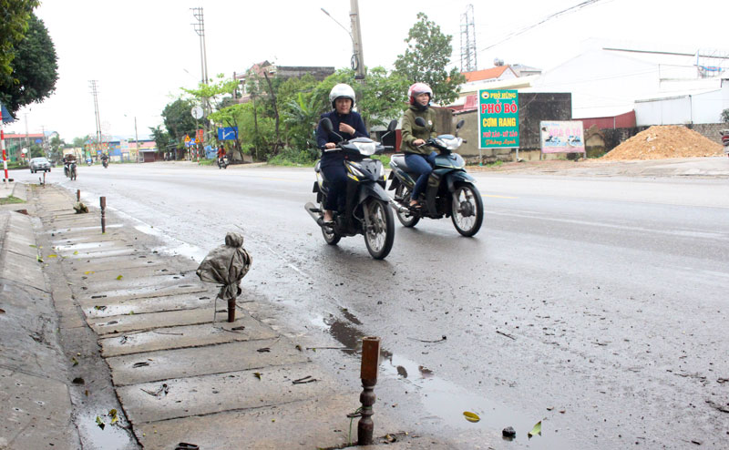  Để ngăn không cho ô tô tải dừng đỗ trên lề đường, người dân xóm Lai 2, xã Thuận Thành cắm các cọc gỗ vào khe hở giữa những tấm bê tông đậy rãnh thoát nước, tiềm ẩn nguy cơ mất an toàn giao thông.