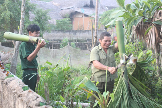  Cựu chiến binh Phương Văn Nhất (người bên phải), ở xóm Cây Hồng là một điển hình trong phong trào hiến đất làm đường của xã Sơn Phú (Định Hóa). Ông Nhất đang chặt bỏ cây trong vườn nhà, hiến đất để làm tuyến đường trục xóm.