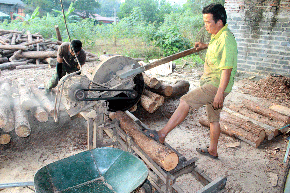  Người lao động làm việc mà không trang bị đồ bảo hộ tại cơ sở chế biến gỗ của gia đình ông Lưu Văn Phượng, xóm Cầu Ngầm, xã Tân Khánh (Phú Bình).