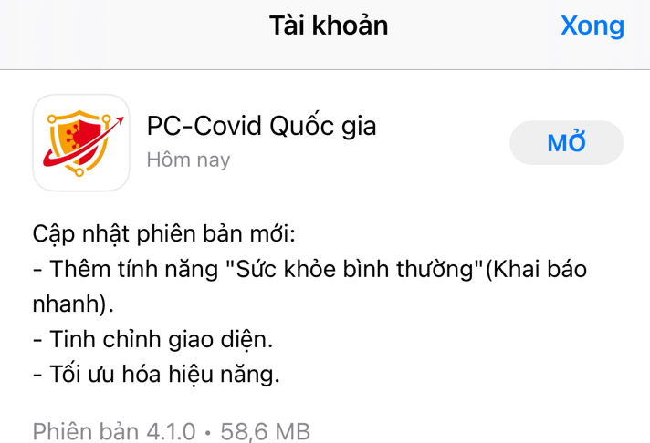  Phiên bản cập nhật mới của PC-Covid trên AppStore dành cho người dùng thiết bị Apple.