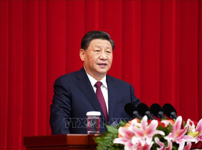  Chủ tịch Trung Quốc Tập Cận Bình phát biểu mừng Năm mới 2022 tại thủ đô Bắc Kinh tối 31/12/2021. Ảnh: THX/TTXVN