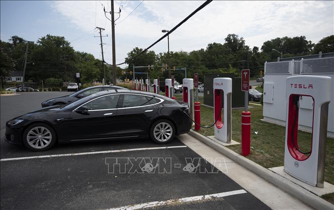  ​Xe điện của Tesla tại một trạm sạc điện ở Arlington, bang Virginia (Mỹ). Ảnh: AFP/TTXVN