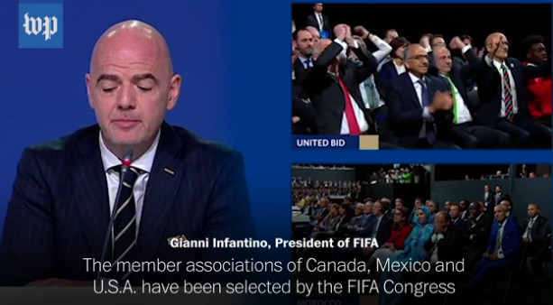  Chủ tịch FIFA Gianni Infantino công bố Canada, Mexico và Mỹ là chủ nhà World Cup lần thứ 23 diễn ra vào năm 2026 sau Qatar 2022.