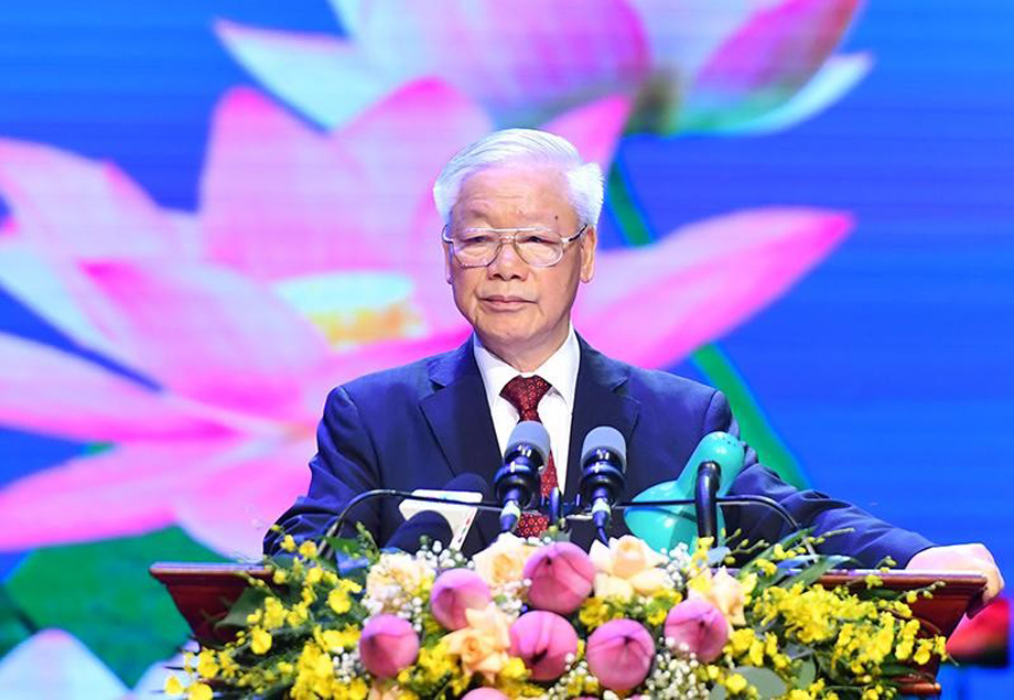  Tổng Bí thư Nguyễn Phú Trọng đọc diễn văn tại Lễ kỷ niệm. (Ảnh: Báo Nhân Dân)