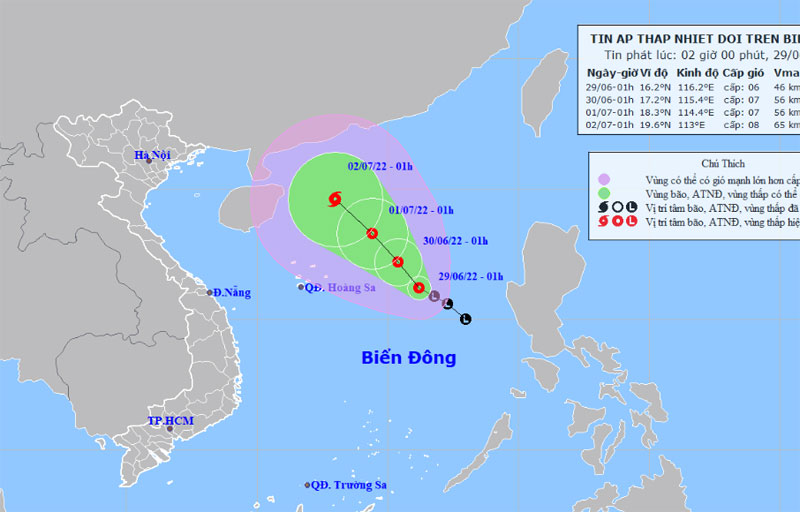  Vị trí và hướng di chuyển của áp thấp nhiệt đới. (Nguồn: nchmf.gov.vn)