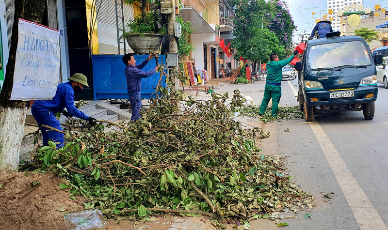  Công nhân Công ty cổ phần Môi trường và Công trình đô thị Thái Nguyên thu dọn cây xanh bị gãy đổ ngày 15-5 trên tuyến đường Phan Đình Phùng.