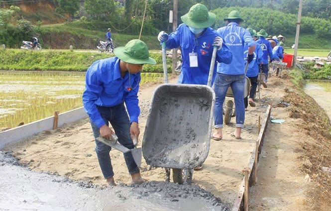  Sinh viên tình nguyện Trường Đại học Kinh tế và Quản trị kinh doanh Thái Nguyên tham gia làm đường giao thông xã Yên Trạch (Phú Lương).