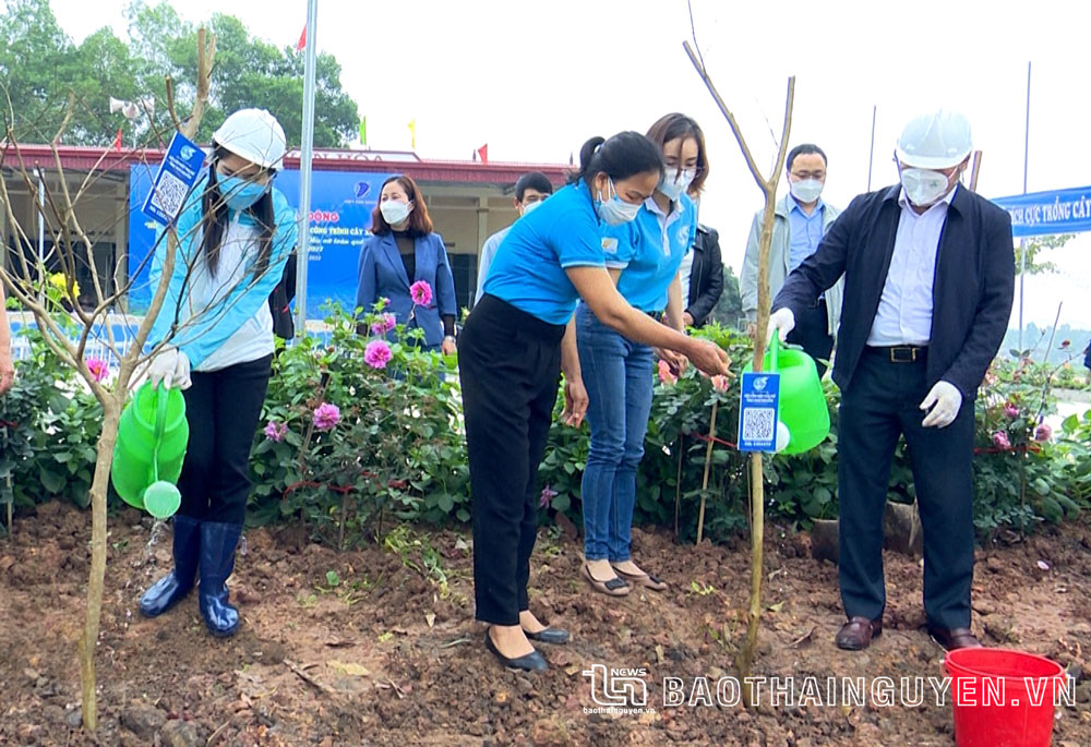  Các đại biểu và cán bộ, hội viên phụ nữ tham gia trồng cây tại khuôn viên Nhà văn hóa xóm Cây Xanh.