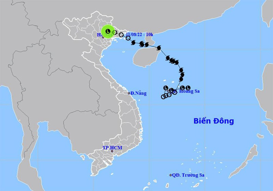  Vị trí và hướng di chuyển của vùng áp thấp (suy yếu từ bão số 2). (Nguồn: nchmf.gov.vn)