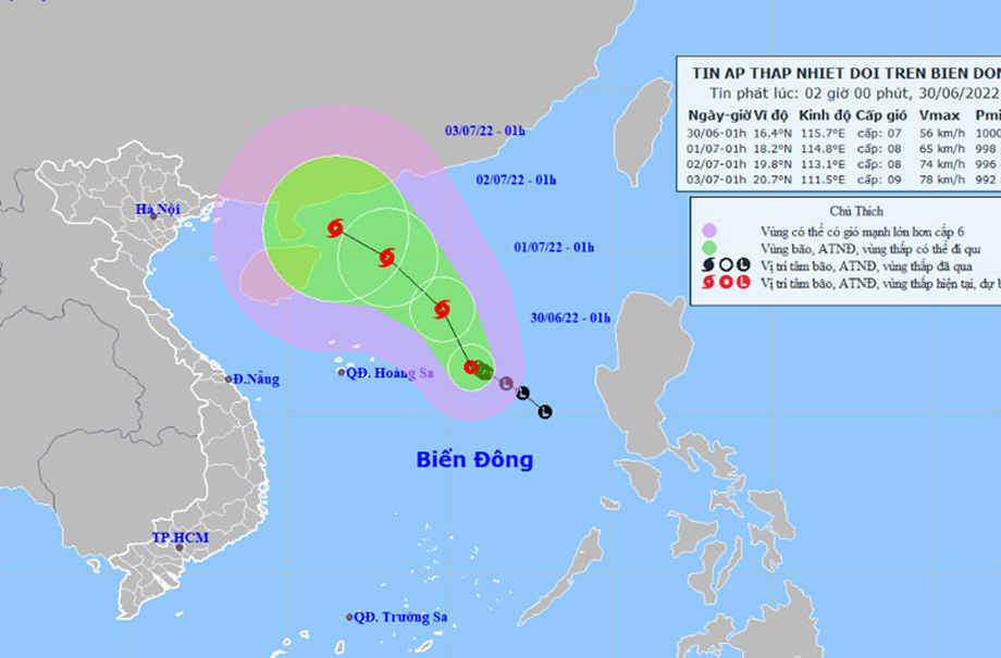  Vị trí và hướng di chuyển của áp thấp nhiệt đới lúc 1 giờ ngày 30/6. (Nguồn: nchmf.gov.vn)