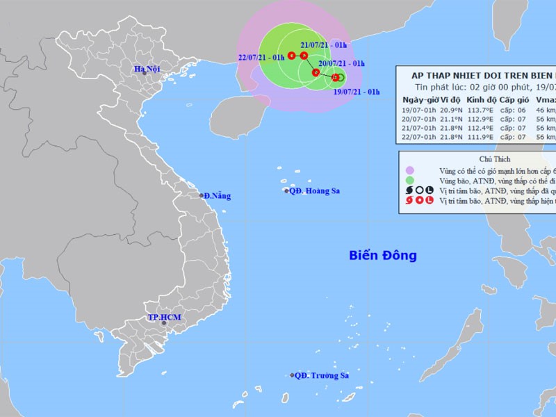  Vị trí và hướng di chuyển của áp thấp nhiệt đới. (Nguồn: nchmf.gov.vn)