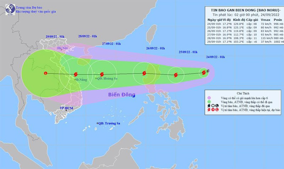  Vị trí và hướng di chuyển của bão Noru. (Nguồn: nchmf.gov.vn)