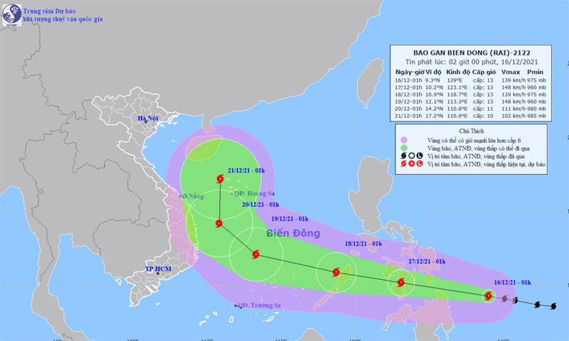  Vị trí và hướng di chuyển của bão RAI. (Nguồn: nchmf.gov.vn)