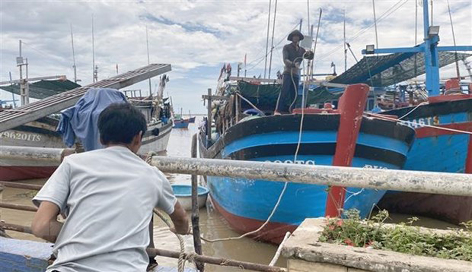  Ngư dân thành phố Tuy Hòa (tỉnh Phú Yên) đưa tàu thuyền vào bờ để tránh bão Noru. (Ảnh: Tường Quân/TTXVN)