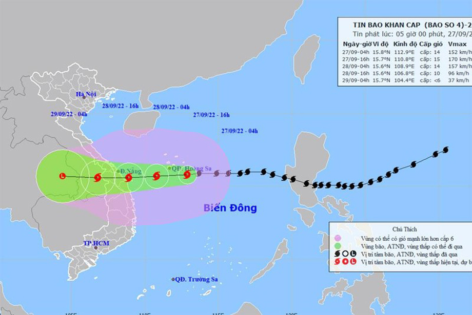  Vị trí và hướng di chuyển của bão số 4. (Nguồn: nchmf.gov.vn)