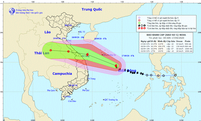   Dự báo hướng đi của bão số 5. (Ảnh: Trung tâm Dự báo khí tượng thủy văn Quốc gia)