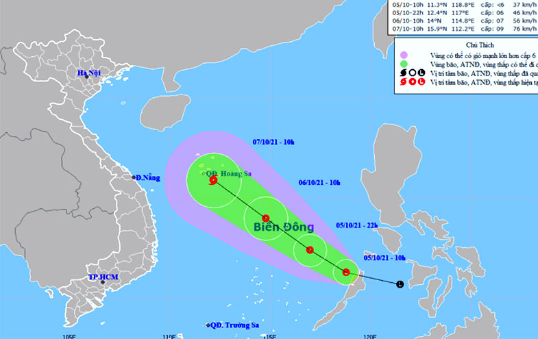  Vị trí và hướng di chuyển của vùng áp thấp trên Biển Đông. (Nguồn: nchmf.gov.vn)