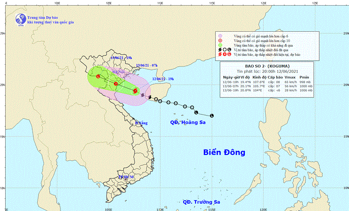   Dự báo hướng đi của bão số 2 tại bản tin cập nhật lúc 20h ngày 12-6 của Trung tâm dự báo khí tượng thủy văn Quốc gia.