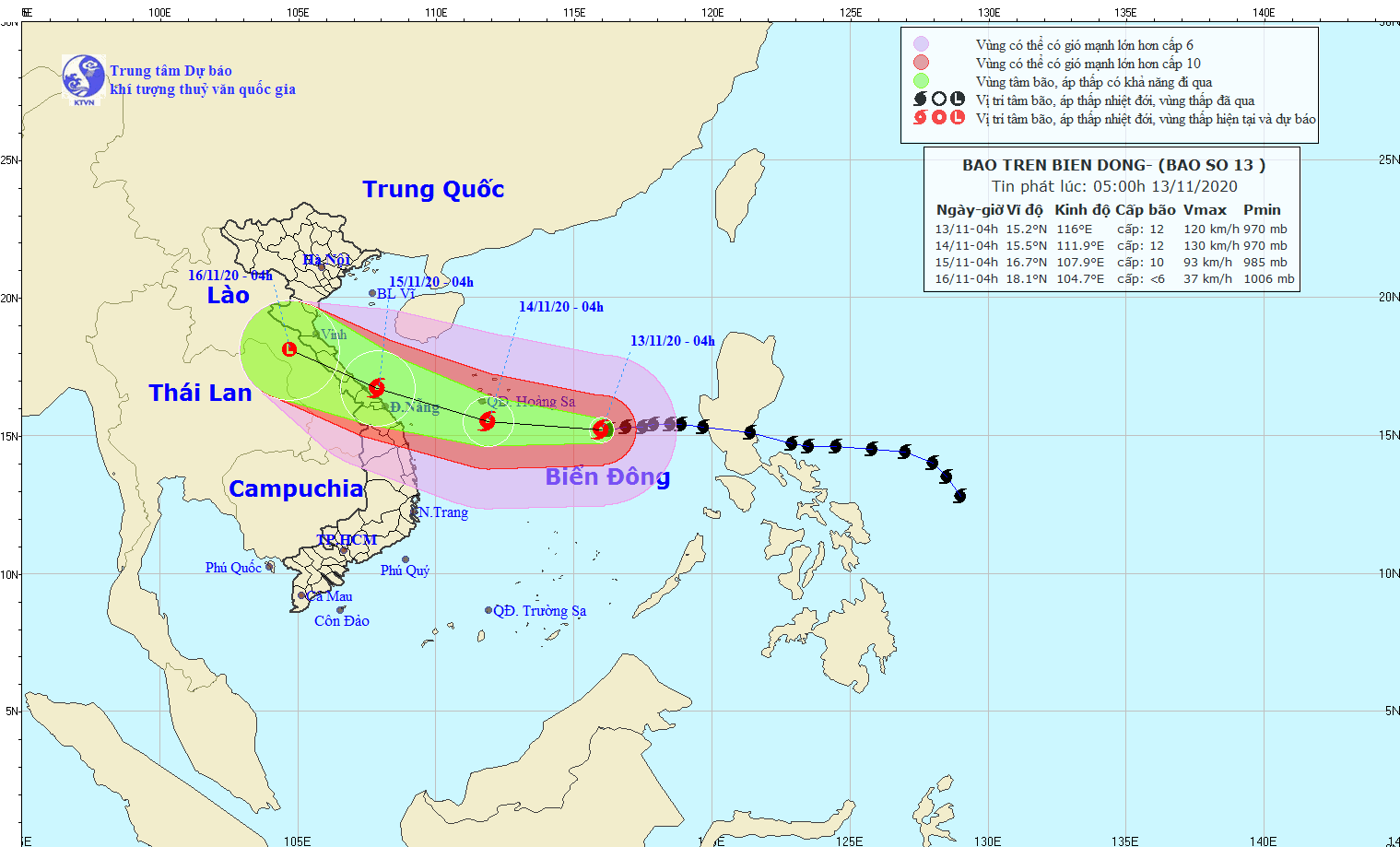  Dự báo hướng đi của bão số 13. Ảnh: NCHMF