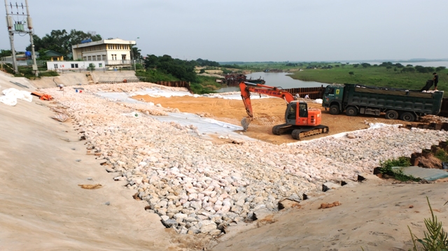  Toàn cảnh hiện trường khắc phục sự cố nứt đê sông Hồng tại huyện Đan Phượng