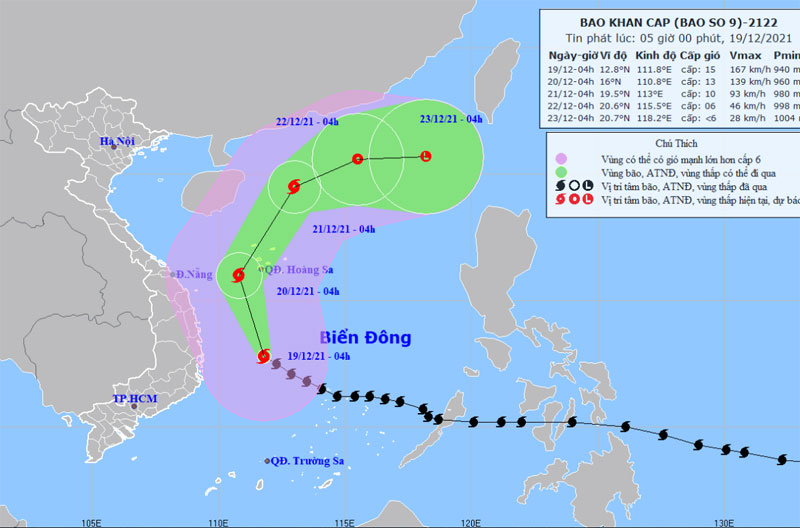  Vị trí và hướng di chuyển của bão số 9 lúc 5 giờ ngày 19-12. (Nguồn: nchmf.gov.vn)